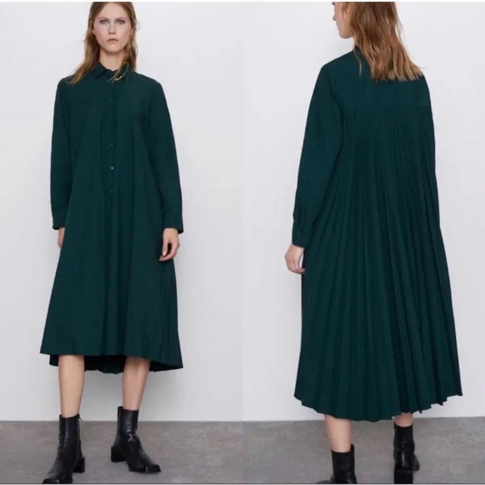 Zara Blogger’s Favorite Pleated Poplin Midi Shirt Dress Hunter Green X-Large